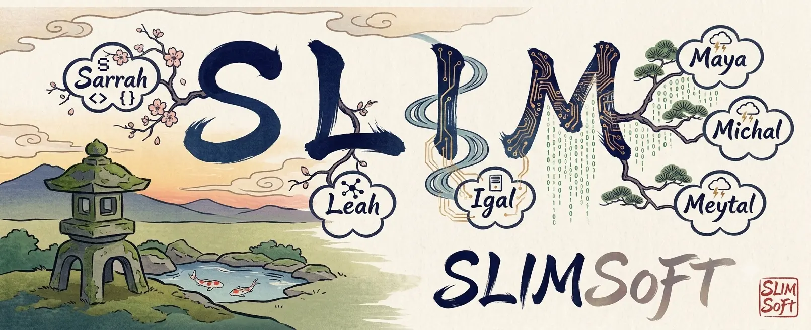SLIM מצויר בדיו על רקע נוף יפני, כשכל אות קשורה לשם מהמשפחה: שרה, לאה, יגאל, מיכל, מאיה ומיטל.